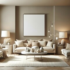 Elegant Living Room Interior with Neutral Tones, Modern Furniture, and Blank Mockup Frame