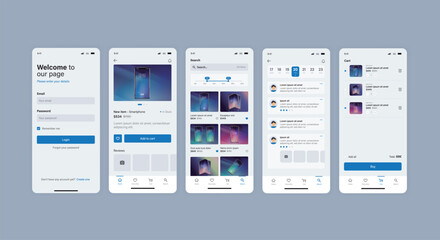 Smartphone UI app. Phone screens for shop application. Mobile interface with account login and shopping cart. Screenshots responsive website mockups. - obrazy, fototapety, plakaty