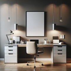 Modern Minimalist Home Office Interior with Mock Up Frame, Elegant Desk Setup, and Stylish Decor