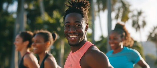 Fototapeta premium Happy man with smile on his face enjoying a joyful run in the outdoors and staying healthy