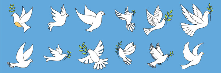 Set of Doves of peace outline in doodle style isolated on background. Hand drawn vector art.