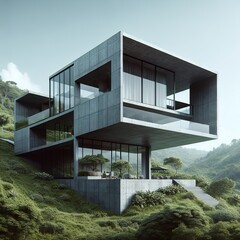 Fototapeta premium Modern Minimalist House Exterior with Concrete Structure, Large Windows, and Beautiful Surrounding Landscape