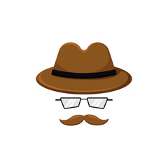 Private detective mask template. Hat with mustache and glasses of inspector character solving a crime and conducting surveillance with vector investigation