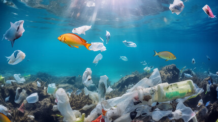 Naklejka na ściany i meble Marine Pollution, Garbage in the Sea.