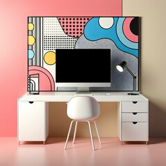 Modern Minimalist Home Office with Stylish Desk, Contemporary Artwork, and Elegant White Chair against a Vibrant Pink Wall