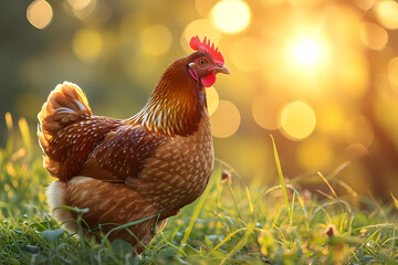 A vibrant yellow chicken stands confidently in a sea of green grass, its regal comb and striking gallinaceous features hinting at its wild jungle fowl ancestry