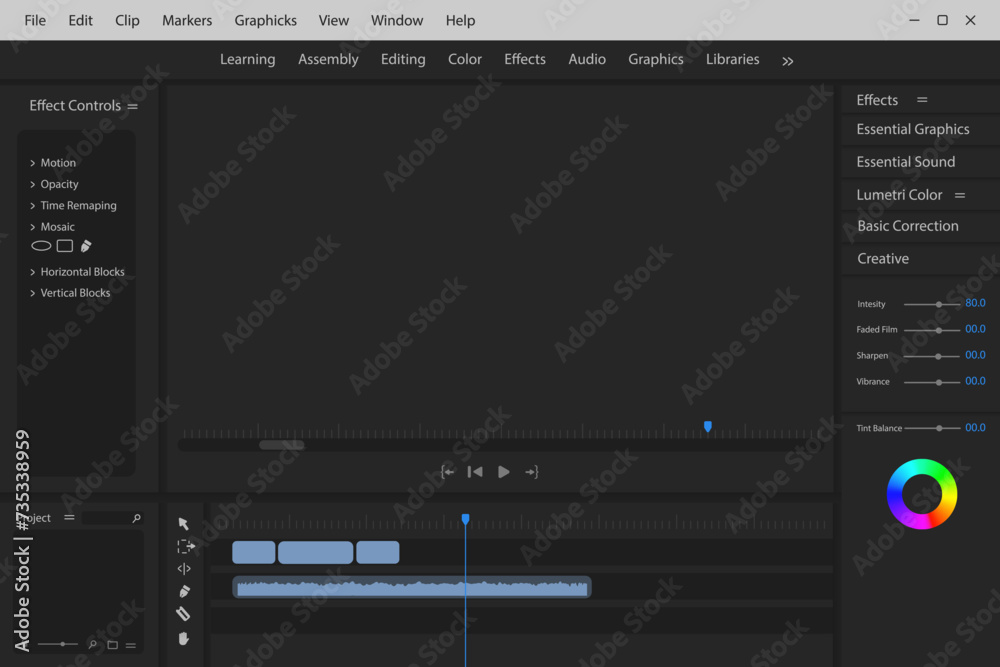 Poster Graphic design screen. Application program for drawing toolbar for creating and composing videos and pictures in vector based design