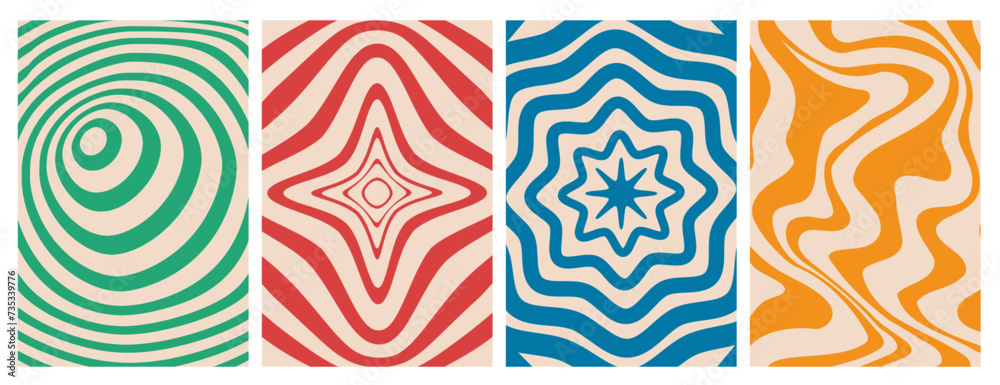 Aufkleber Abstract twisted and distorted texture. Groovy hippie backgrounds set. Wave, swirl, twirl pattern in trendy retro psychedelic style. Y2k aesthetic. Vector illustration