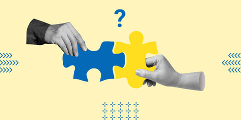 Unification or division of Ukraine concept. Hands with puzzle pieces and question symbol....