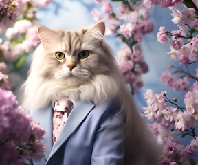 Creative animal concept. British Longhair cat kitten kitty in smart suit, surrounded in a surreal garden full of blossom flowers floral landscape. advertisement commercial editorial banner card	
