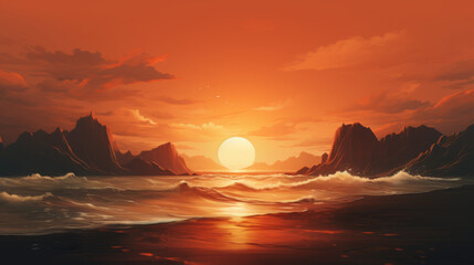 Sunset Over Turbulent Sea with Majestic Mountain Range in the Background