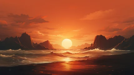 Foto auf Acrylglas Sunset Over Turbulent Sea with Majestic Mountain Range in the Background © Priessnitz Studio