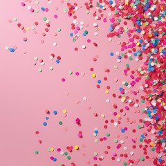festive confetti on pink background.