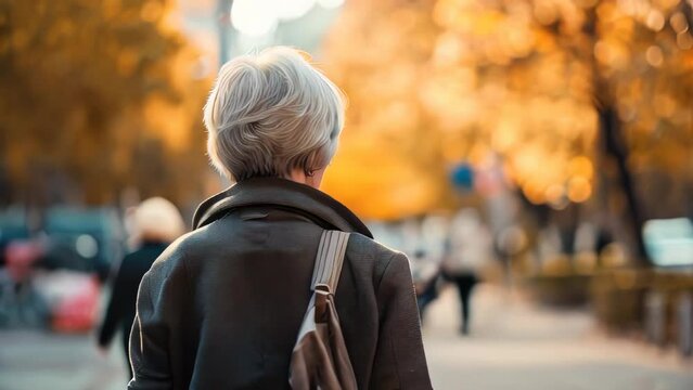 Back View Of Blonde Woman With Short Hair In Coat Walking In Autumn City Street