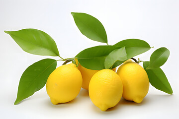 four lemons with leafs on a white background