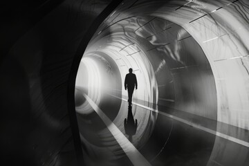 a black and white image of a human walking through a tunnel, flattened perspectives
