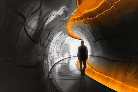 a black and white image of a human walking through a tunnel, flattened perspectives
