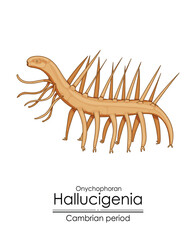 Hallucigenia, a Cambrian period creature. Colorful illustration on a white background