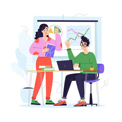 Teamwork. Creative business team. People working on laptop on table. Employees discuss a new project. Flat illustration.