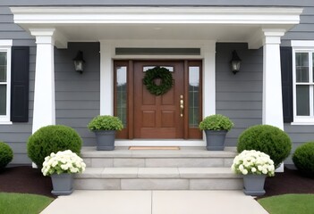 Front entrance of a suburban house with gray siding, white columns, a wooden door with a wreath ,...