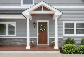 Front entrance of a suburban house with gray siding, white columns, a wooden door with a wreath , stone accents, potted plants , and a landscaped garden