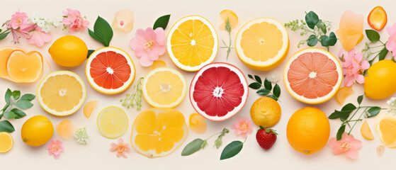 Citrus Medley with Lush Florals Creating a Refreshing Summer Pattern on a Light Background