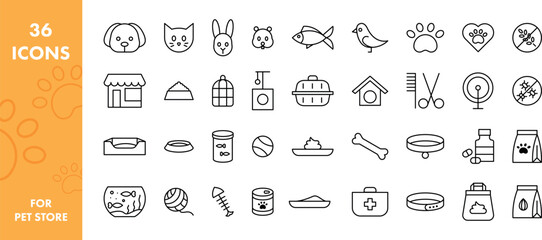 Zestaw ikon dla sklepu zoologicznego. Kolekcja grafik wektorowych przedstawiająca zwierzęta domowe, akcesoria, pokarm oraz zabawki dla zwierząt.