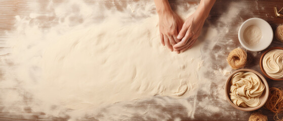 Hands Kneading Fresh Pasta Dough Surrounded by Various Types of Handcrafted Noodles on a Floury Wooden Table