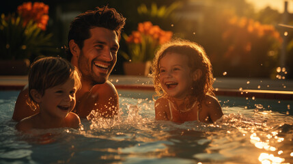 Father and children having fun and smiling at the outdoor pool at summer