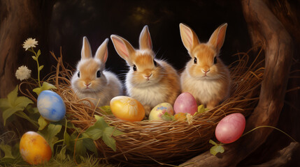Bunny Family in a Nest with Easter Eggs