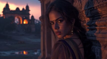 Fototapeta premium Beautiful brunette girl at sunset in Hampi, India. Sultry brunette gazes thoughtfully into the camera against the mystical ruins of Hampi. The ethereal glow of twilight illuminates her features. 