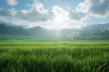 Obraz premium Green rice fields with clear skies