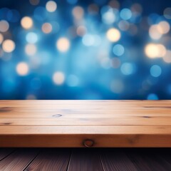 wooden or stage counter top for product distlay showcase template with blur office space bokeh background in blue color tone