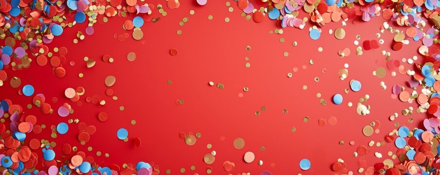 festive confetti on red background.