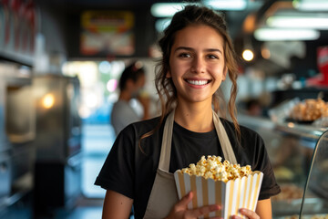 A young smiling woman holding popcorn, working in a movie theater cafeteria