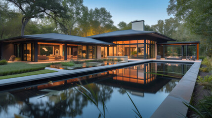 Combining the best of both worlds this home is anchored by traditional foundation elements while appearing to float above a serene reflecting pool.
