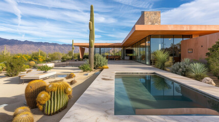 From the outside this desert dwelling may seem like an unuming bungalow but step inside and youll be greeted with a stunning and contemporary interior complete with cooling