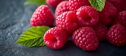 Close up of luscious ripe red raspberries and fresh green leaves with rich textured detail
