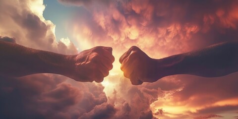 Clash of Determination. Two Fists Collide Against a Dramatic Sky, Symbolizing the Spirit of Conflict and Resolution. - obrazy, fototapety, plakaty