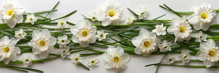 Fototapeta premium narcissus flowers and green leaves arranged on a white surface