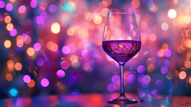 glass of champagne on purple bokeh background. Generative AI