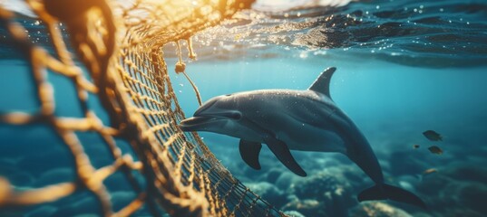Dolphin trapped in fishing net showcases human waste s impact on underwater marine life. - Powered by Adobe