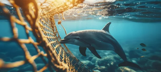 Schilderijen op glas Dolphin trapped in fishing net showcases human waste s impact on underwater marine life. © Ilja