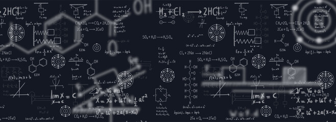 Calculus equations, algebra, organic chemistry, chemical reactions, chemical elements, physics, rectilinear motion, statics, electromagnetism, friction force, energy, with black background - obrazy, fototapety, plakaty