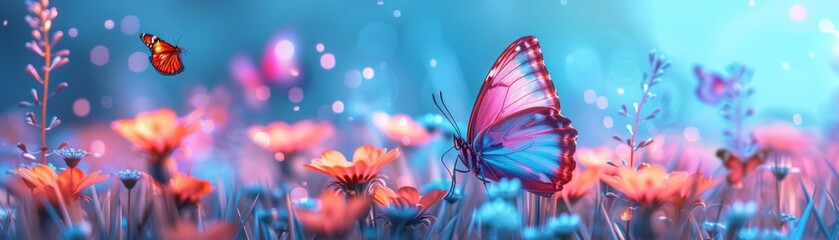 Obraz na płótnie Canvas Flowers and butterflies in blue sky. Romantic spring concept. Generative AI