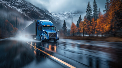 Truck Transportation logistics are unfazed by the elements, as showcased by this blue semi navigating a rain-slicked road through a forest dressed in autumn's best