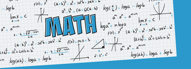 Math exercises, formulas and equations for calculus, algebra with grid sheet and blue background. School and university notes, functions, potentiation, logarithms, notable products