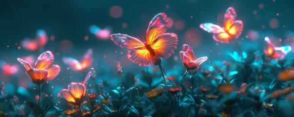 Fototapeta na wymiar Flowers and butterflies in blue night. Romantic spring concept. Generative AI
