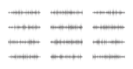 Music sound waves set. Audio technology, grain dotted musical pulse. Modern sound wave equalizer. Music track sound wave design. Audio frequency line, radio voice sound wave. Vector illustration