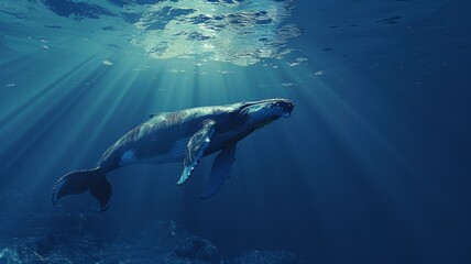 Fototapeta premium A Baby Humpback Whale Plays Near the Surface in Blue Water 